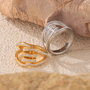Modern 18k gold plated double layer geometric ring with white cubic zirconia inlay