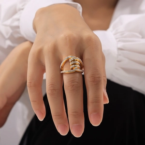 Hepburn style 18k gold plated double layer geometric ring with sparkling micro-pave diamonds