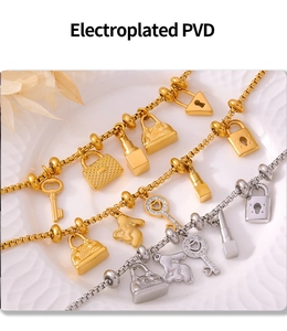 Detailed view of 18K gold plated multi-charm bracelet featuring PVD coating