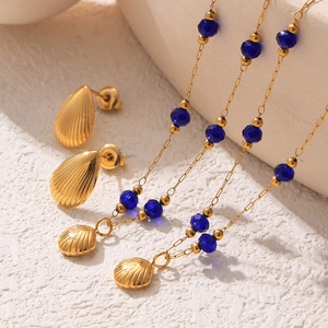 Set di Gioielli Vintage Francese Conchiglia Oceano Collana Orecchini Bracciale Acciaio Inossidabile Cristallo Blu per Donna