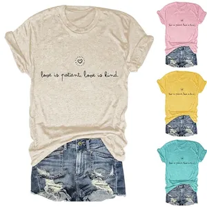 T-Shirt Femme Décontracté à Manches Courtes en Coton Imprimé Love Is Patient Love Is Kind Cœur Col Rond Top d'Été