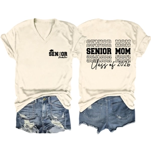 Front and back view of Senior Mom 2026 V-neck T-shirt with distressed denim shorts