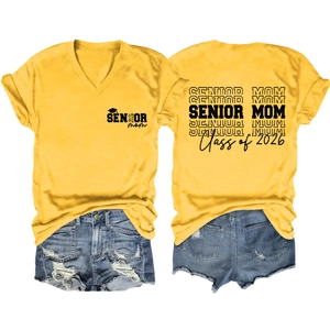 Front and back view of mustard V-neck T-shirt with Senior Mom Class of 2026 print