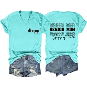 Front and back view of a blue V-neck T-shirt with Senior Mom 2026 print and denim shorts