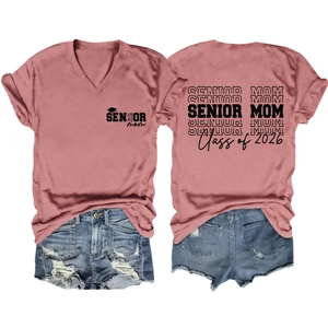 Front and back view of pink V-neck T-shirt with Senior Mom 2026 graduation print