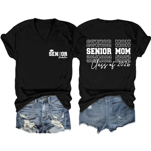 Front and back detail of Senior Mom 2026 V-neck T-shirt with white screen printing