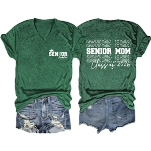 Detail of Class of 2026 Senior Mom V-neck t-shirt with back print and distressed denim shorts