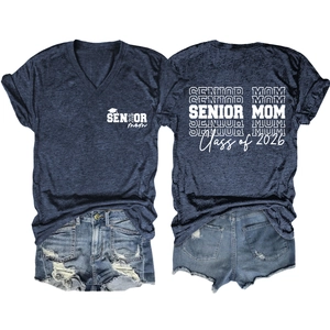 Front and back detail of V-neck T-shirt with Senior Mom Class of 2026 print