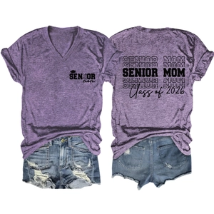 Detailed front and back view of purple V-neck Senior Mom 2026 shirt with denim shorts