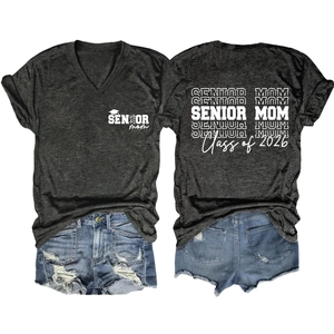 Senior Mom Class of 2026 grey V-neck t-shirt with denim shorts outfit set