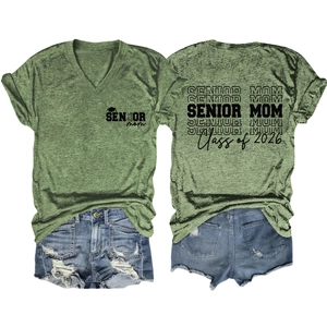 Detailed front and back view of V-neck Senior Mom 2026 tee and distressed denim shorts