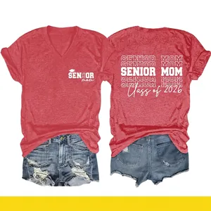 Senior Mom Class Of Graduation V-Neck T-Shirt Women Cotton Blend Short Sleeve Party Casual Streetwear Celebration Top