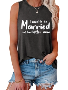 Detail of black cotton tank top with white printed slogan and round neckline