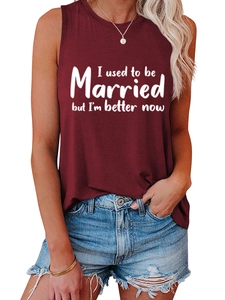 Detail of burgundy sleeveless tank top with white letter print and round neckline