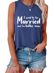 Detail of navy blue sleeveless tank top featuring white text print with denim shorts