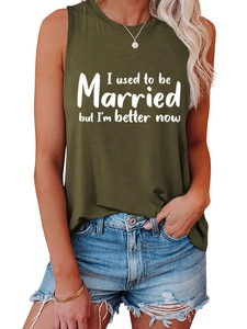 Detail of white slogan print on olive green sleeveless summer tank top for women