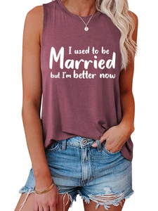 Detail of dusty rose tank top with 'I used to be married' white script lettering