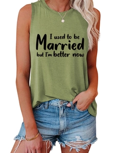 Detail of olive green tank top with I used to be Married slogan print and round neck