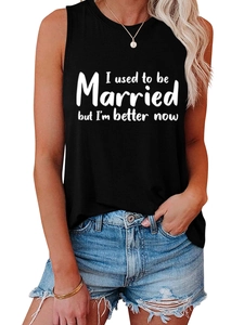 Detail of black cotton tank top with 'I used to be Married' slogan on white background