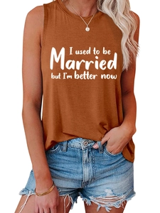 Detail of caramel tank top with I used to be Married print paired with denim shorts
