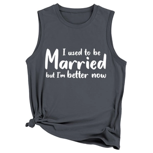 Detail of grey sleeveless top with I used to be Married print and stylish knot hem