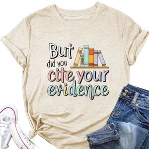 Detail view of beige t-shirt featuring academic book prints and evidence slogan
