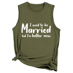 Detail of army green tank top featuring white slogan print and front hem knot design