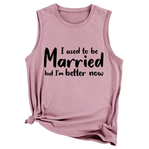 Detail of pink muscle tee featuring 'I used to be married' print and stylish side knot