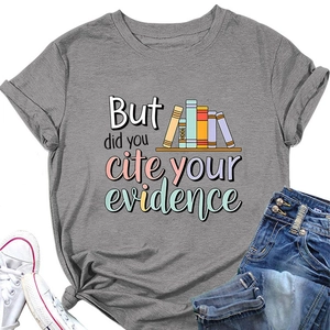 Detail of grey crewneck t-shirt with book graphic and but did you cite your evidence text