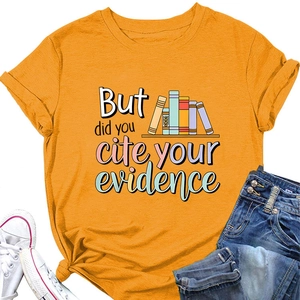 Flat lay of orange cotton T-shirt with book graphic and but did you cite your evidence text
