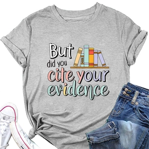 Detail of grey crewneck T-shirt with book graphics and evidence citation quote