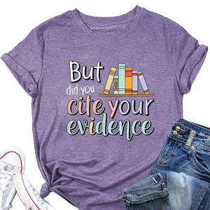 Close-up of purple t-shirt featuring academic book illustration and evidence slogan
