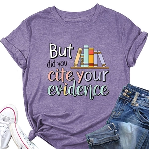 Flat lay of purple cotton tee with books graphic and But did you cite your evidence text
