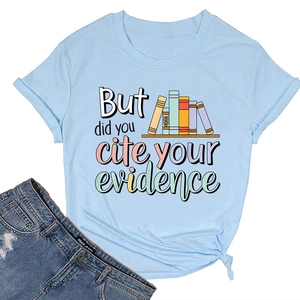 Detail of light blue t-shirt with book illustration and 'But did you cite your evidence' text