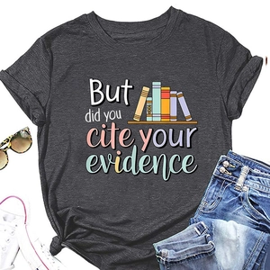 Detail of grey crewneck T-shirt showing But Did You Cite Your text and colorful books print