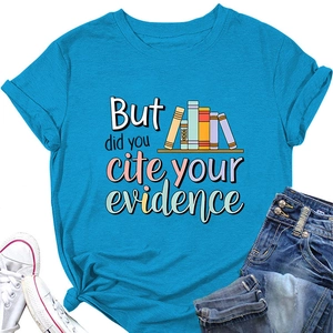 Detail of blue T-shirt featuring 'But did you cite your evidence' text and book graphics