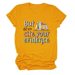 Detail of yellow cotton T-shirt with academic quote and colorful book illustration