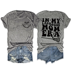 Front and back view of grey Lacrosse Mom Era cotton t-shirt with retro back print