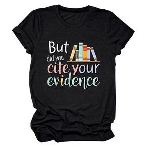Detail of black cotton T-shirt featuring academic book graphic and evidence quote text