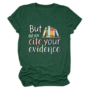 Detail of dark green cotton T-shirt featuring stacked books and academic text print