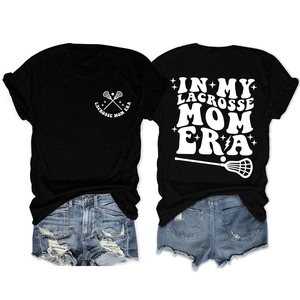 Front and back detail of In My Lacrosse Mom Era black t-shirt with vintage graphics