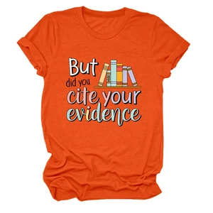 Detail of orange crew neck T-shirt with 'But did you cite your evidence' book print