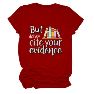 Detail of burgundy crewneck T-shirt featuring 'But did you cite your evidence' book graphic