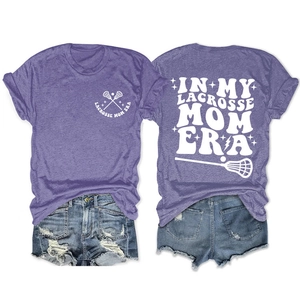 Front and back detail of purple Lacrosse Mom Era short sleeve t-shirt in heathered fabric