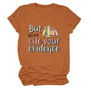 Detail of rust red heather T-shirt with academic quote and colorful book graphics