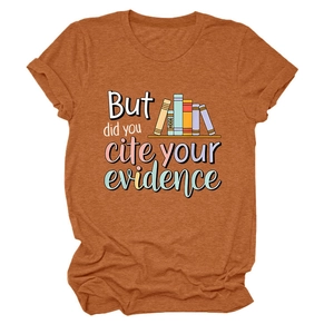 Detail of rust orange heathered t-shirt featuring academic book print and evidence quote