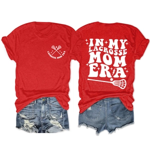 Detailed back and front views of red Lacrosse Mom cotton t-shirt with vintage print