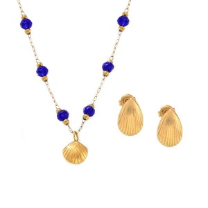 Set gioielli vintage francese con collana a conchiglia e orecchini di perline blu