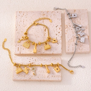 18K gold plated stainless steel box chain charm bracelet with crystals and diverse pendants