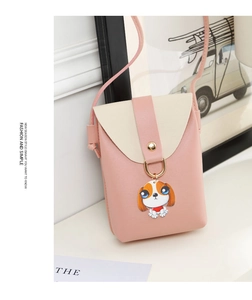 Pink and beige mini crossbody phone bag with a cute cartoon dog pendant and D-ring detail
